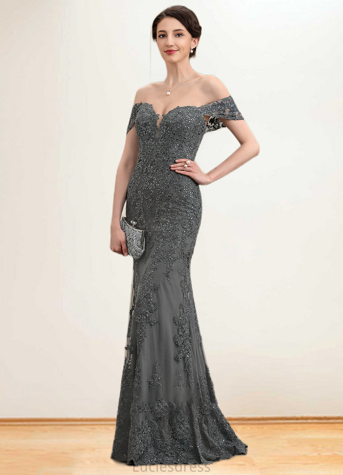 Lindsay Trumpet/Mermaid Off-the-Shoulder Floor-Length Tulle Lace Mother of the Bride Dress With Sequins HF126P0014731