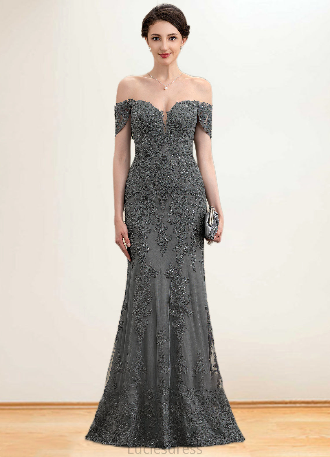 Lindsay Trumpet/Mermaid Off-the-Shoulder Floor-Length Tulle Lace Mother of the Bride Dress With Sequins HF126P0014731