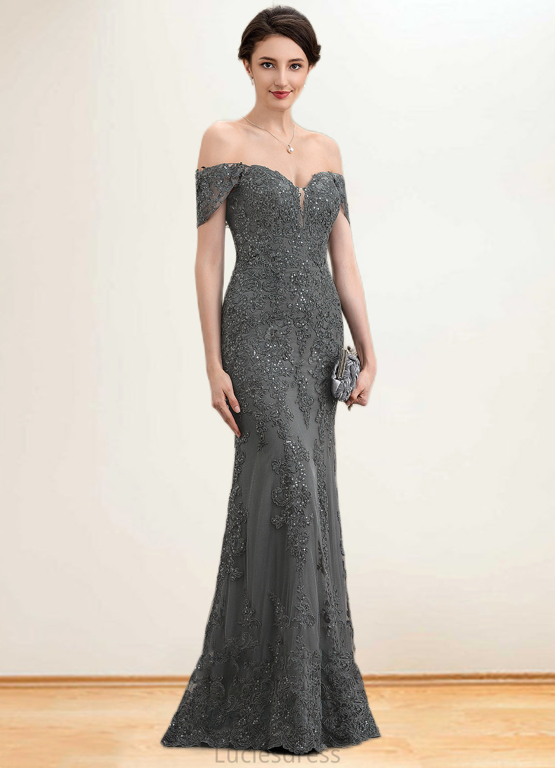 Lindsay Trumpet/Mermaid Off-the-Shoulder Floor-Length Tulle Lace Mother of the Bride Dress With Sequins HF126P0014731