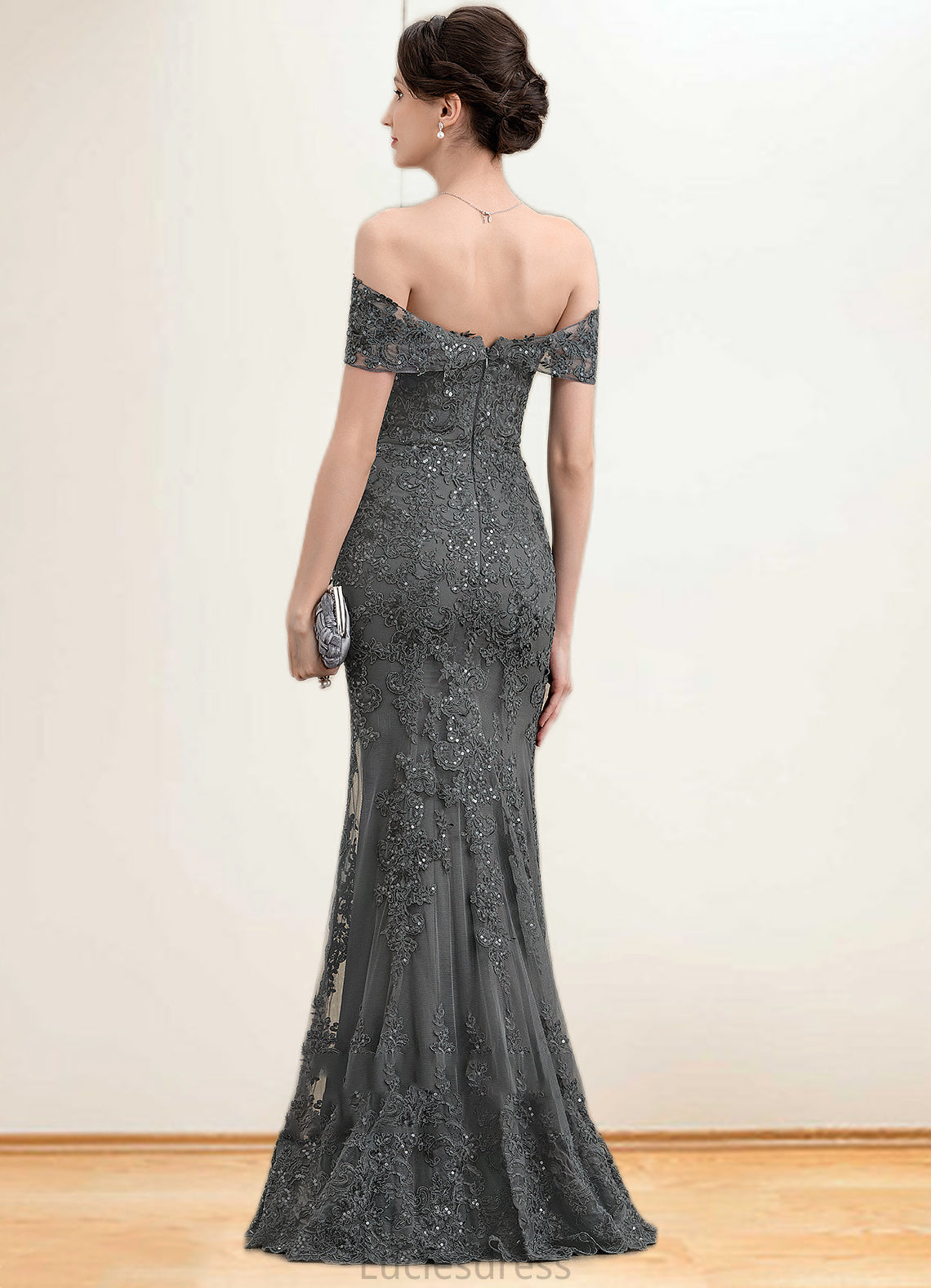 Lindsay Trumpet/Mermaid Off-the-Shoulder Floor-Length Tulle Lace Mother of the Bride Dress With Sequins HF126P0014731