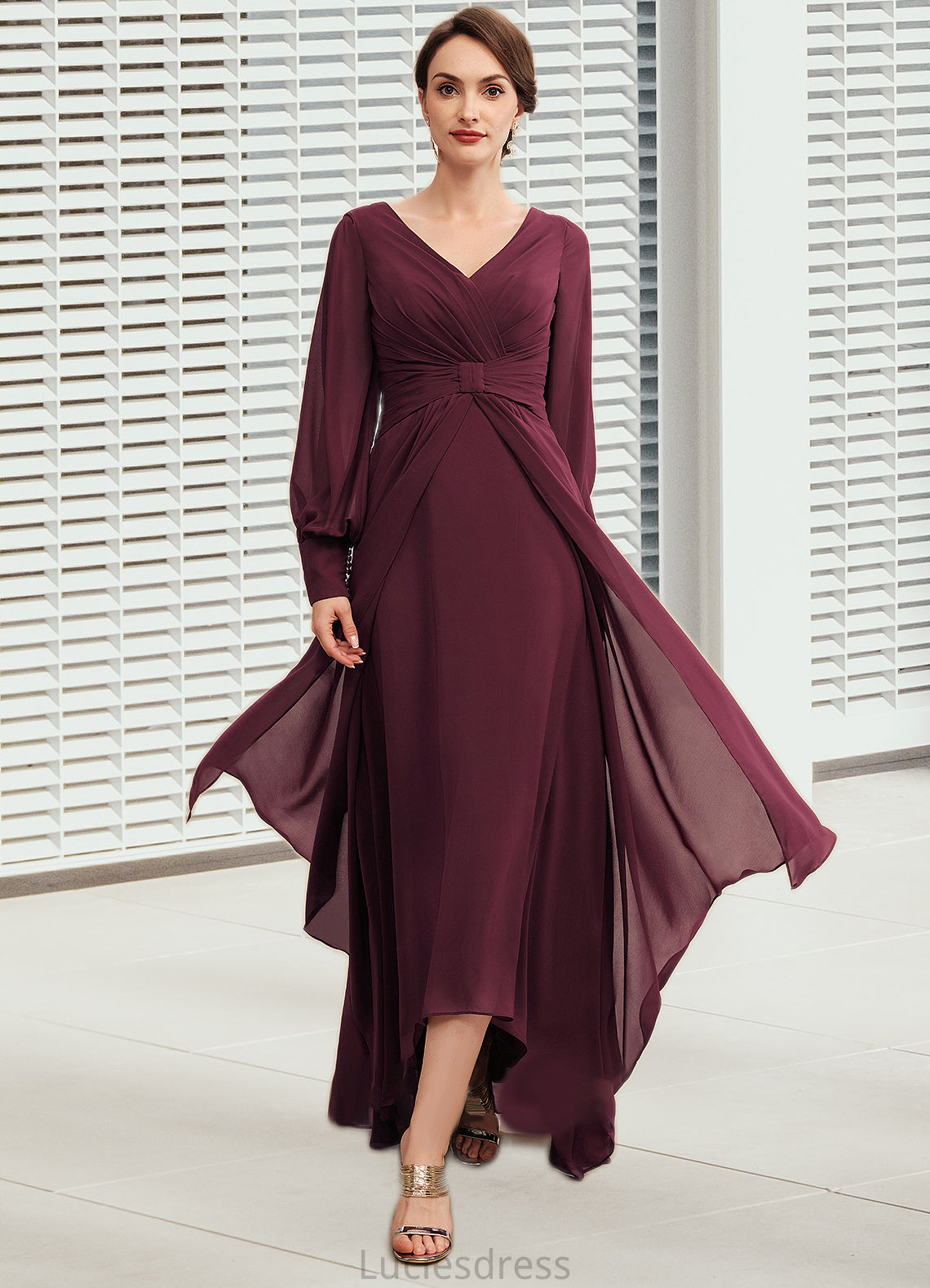 Savannah A-Line V-neck Asymmetrical Chiffon Mother of the Bride Dress With Ruffle HF126P0014732