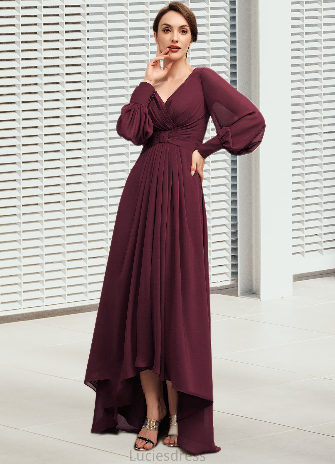 Savannah A-Line V-neck Asymmetrical Chiffon Mother of the Bride Dress With Ruffle HF126P0014732