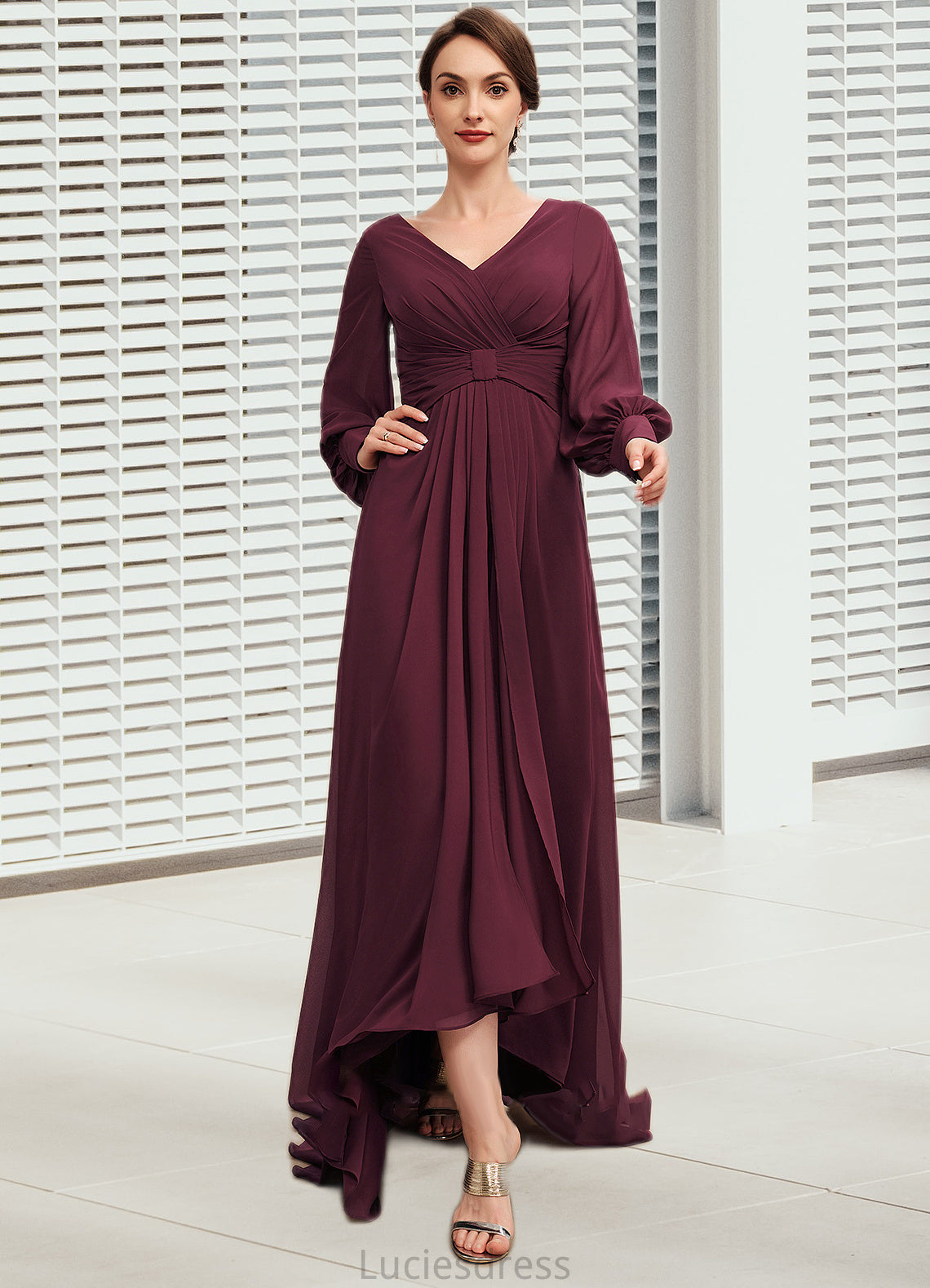 Savannah A-Line V-neck Asymmetrical Chiffon Mother of the Bride Dress With Ruffle HF126P0014732