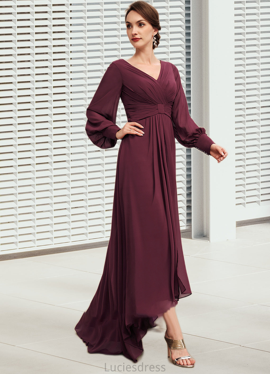 Savannah A-Line V-neck Asymmetrical Chiffon Mother of the Bride Dress With Ruffle HF126P0014732