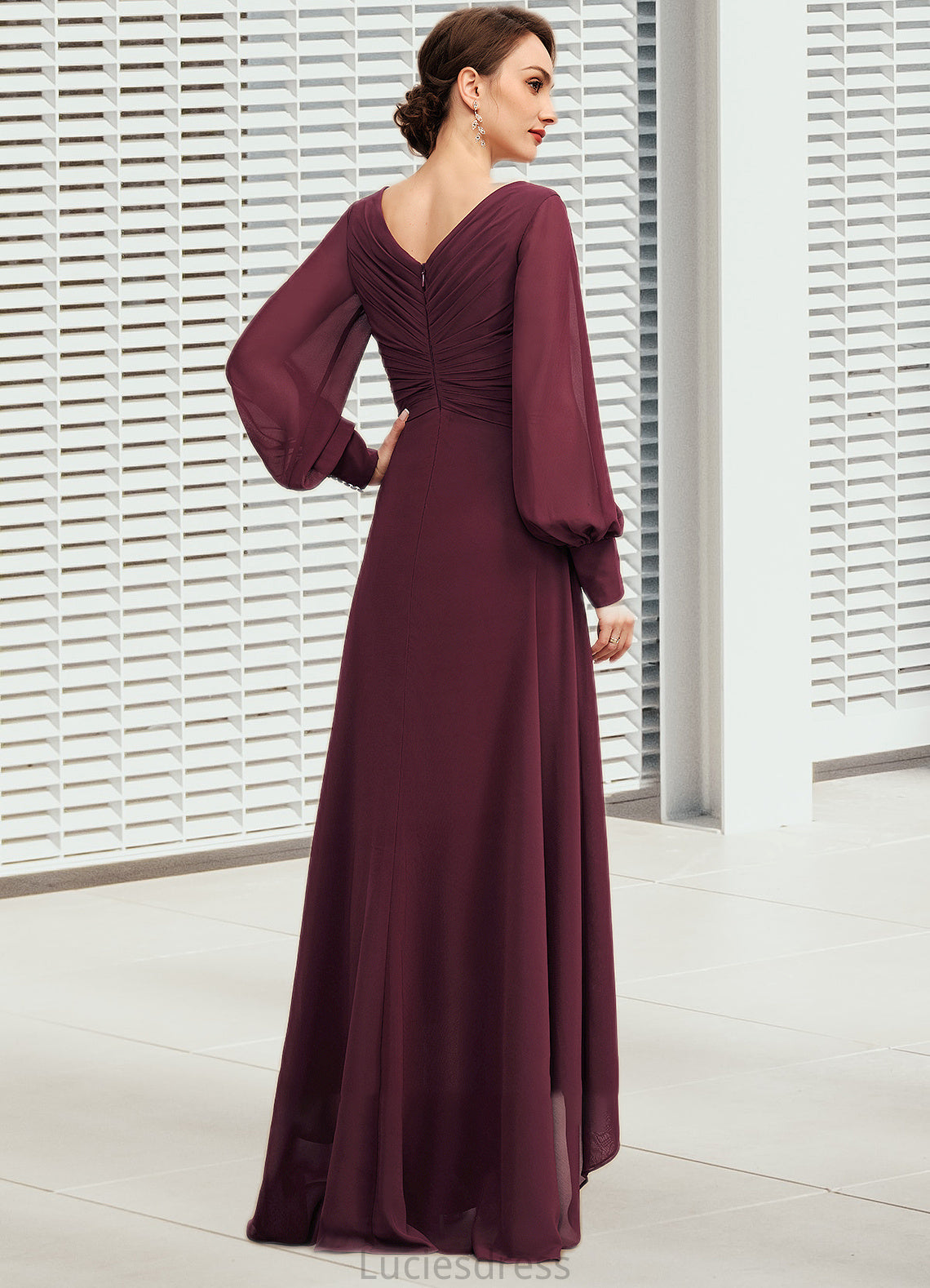 Savannah A-Line V-neck Asymmetrical Chiffon Mother of the Bride Dress With Ruffle HF126P0014732