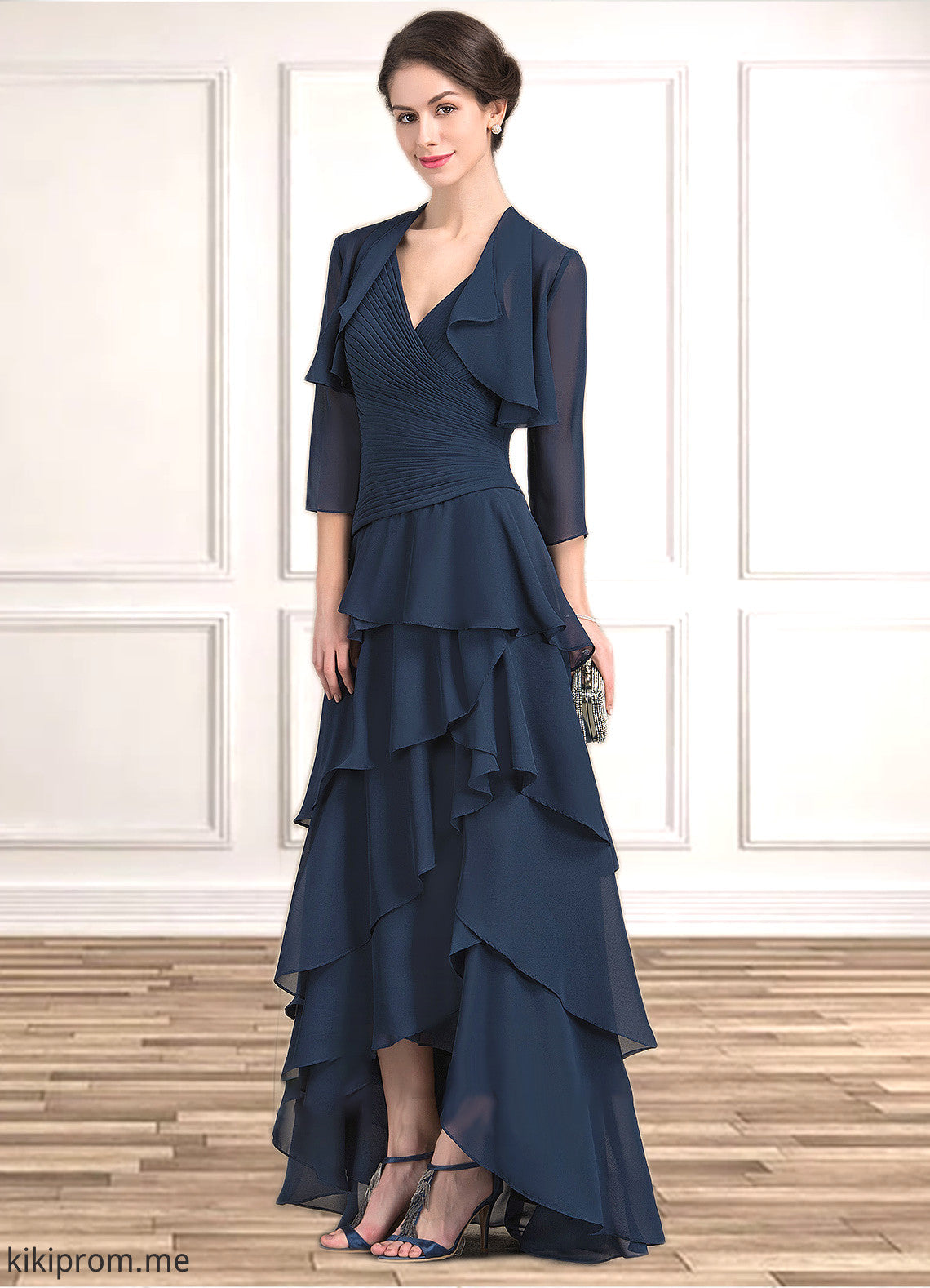 Mireya A-Line V-neck Asymmetrical Chiffon Mother of the Bride Dress With Beading Sequins Cascading Ruffles STF126P0014733