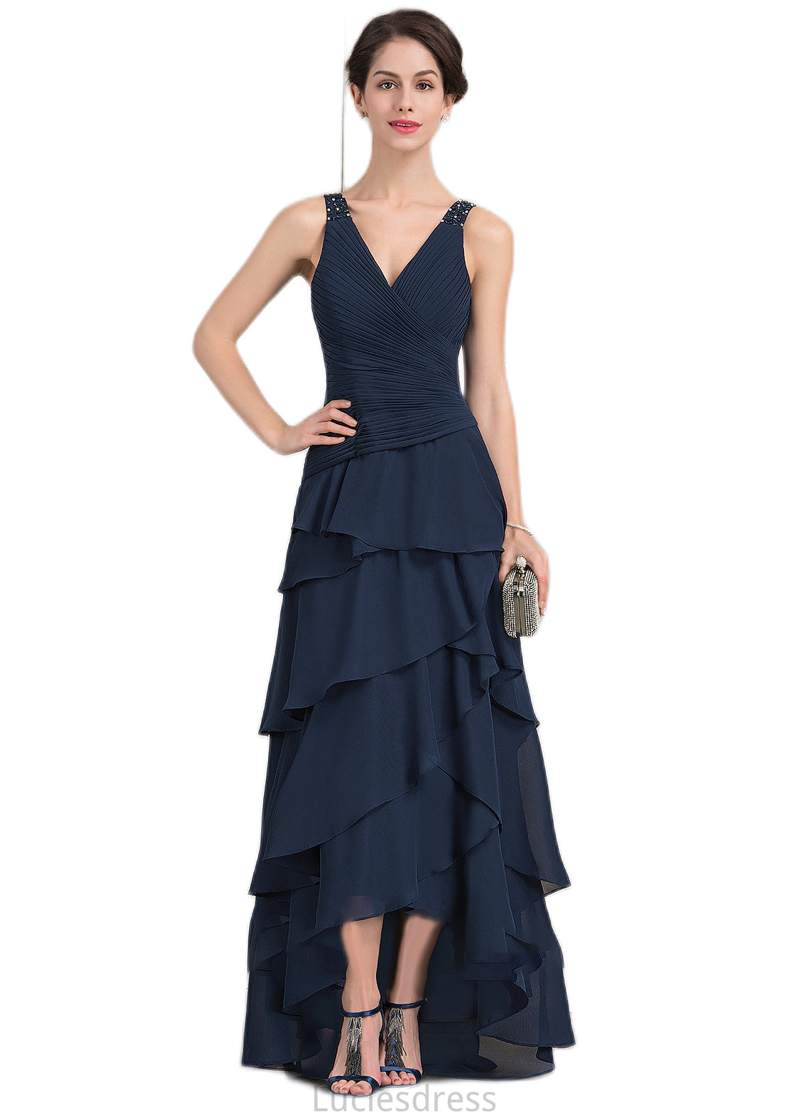 Karma A-Line V-neck Asymmetrical Chiffon Mother of the Bride Dress With Beading Sequins Cascading Ruffles HF126P0014733