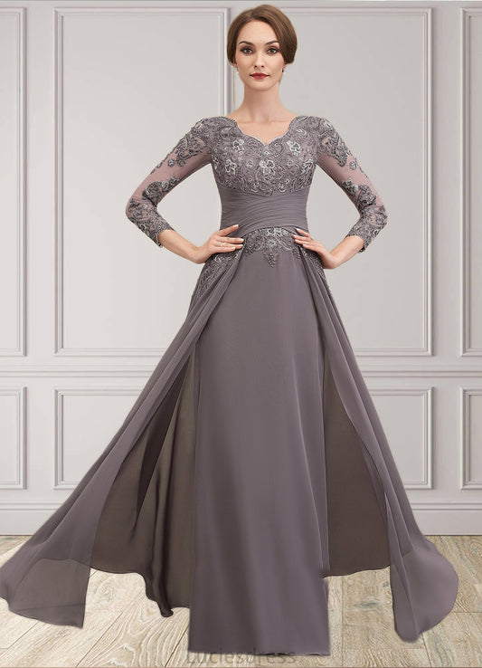 Rachel A-Line V-neck Floor-Length Chiffon Lace Mother of the Bride Dress With Ruffle HF126P0014735