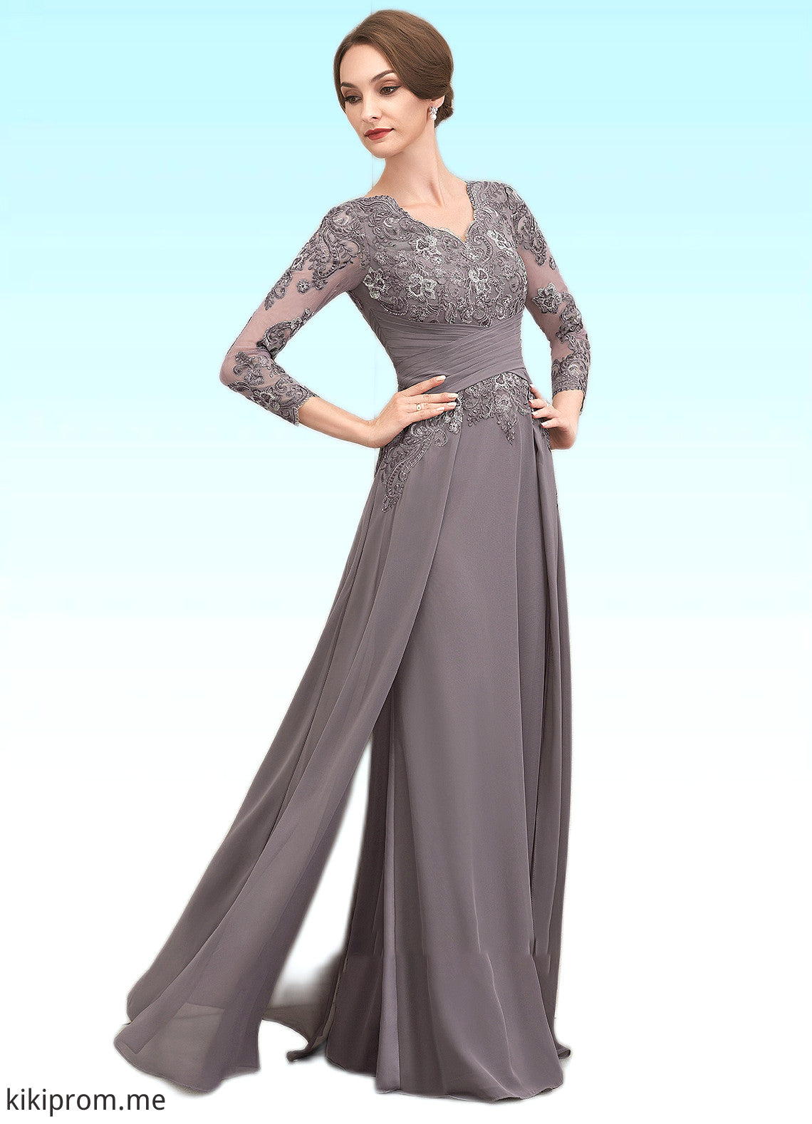 Serenity A-Line V-neck Floor-Length Chiffon Lace Mother of the Bride Dress With Ruffle STF126P0014735