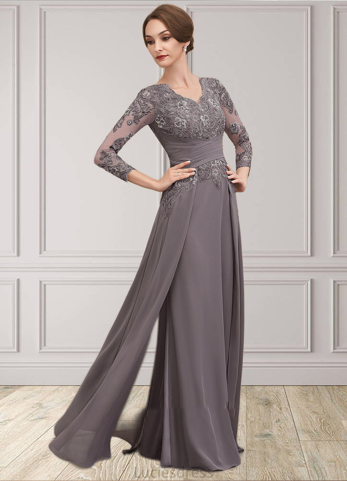 Rachel A-Line V-neck Floor-Length Chiffon Lace Mother of the Bride Dress With Ruffle HF126P0014735