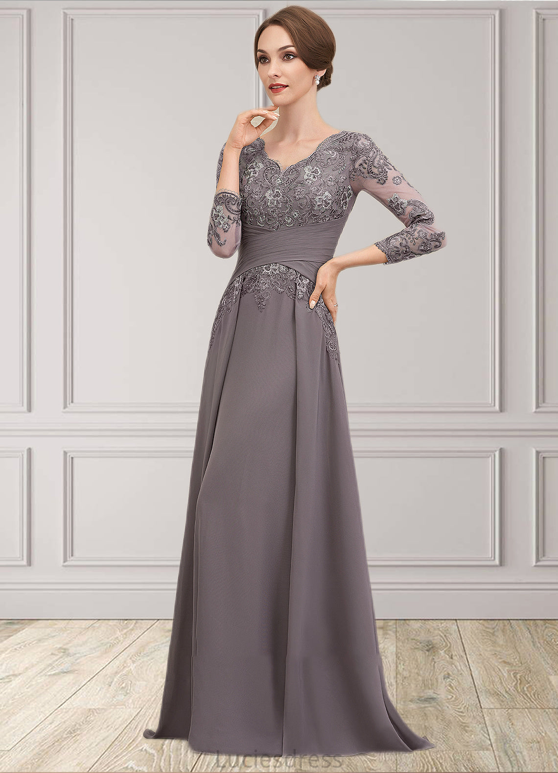 Rachel A-Line V-neck Floor-Length Chiffon Lace Mother of the Bride Dress With Ruffle HF126P0014735