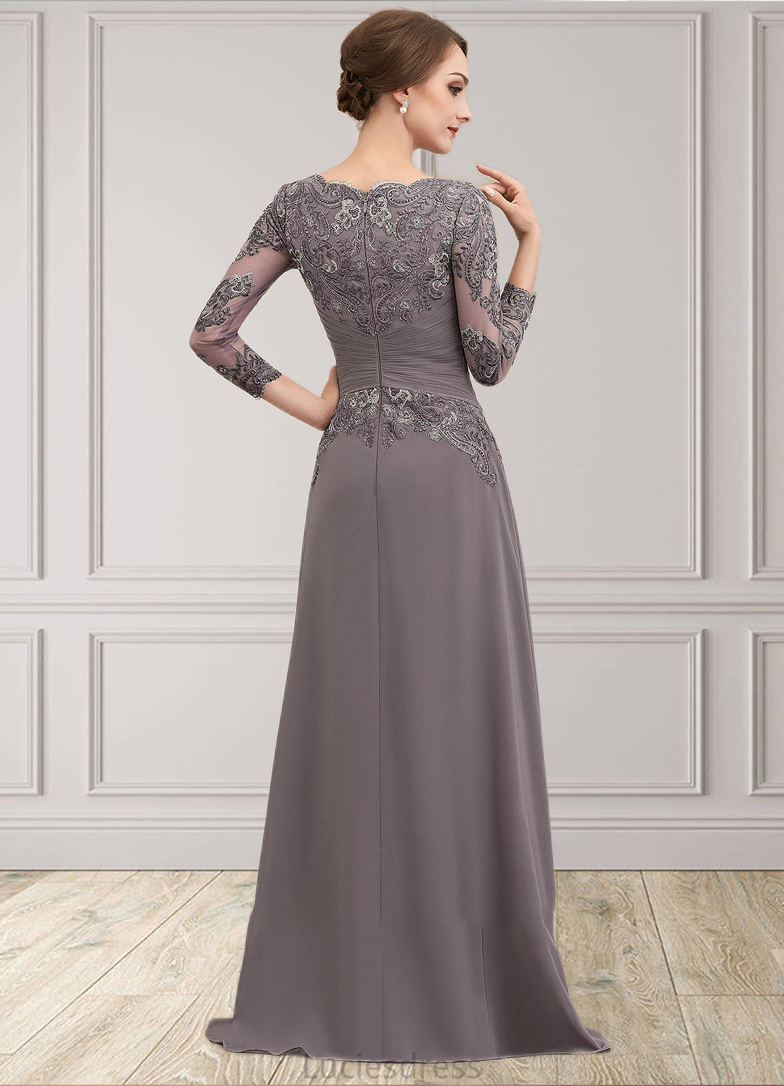 Rachel A-Line V-neck Floor-Length Chiffon Lace Mother of the Bride Dress With Ruffle HF126P0014735