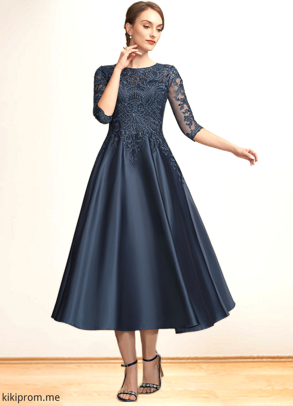 Luna A-Line Scoop Neck Tea-Length Satin Lace Mother of the Bride Dress With Sequins STF126P0014736