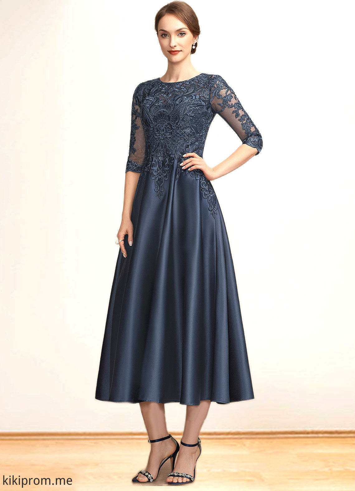 Luna A-Line Scoop Neck Tea-Length Satin Lace Mother of the Bride Dress With Sequins STF126P0014736