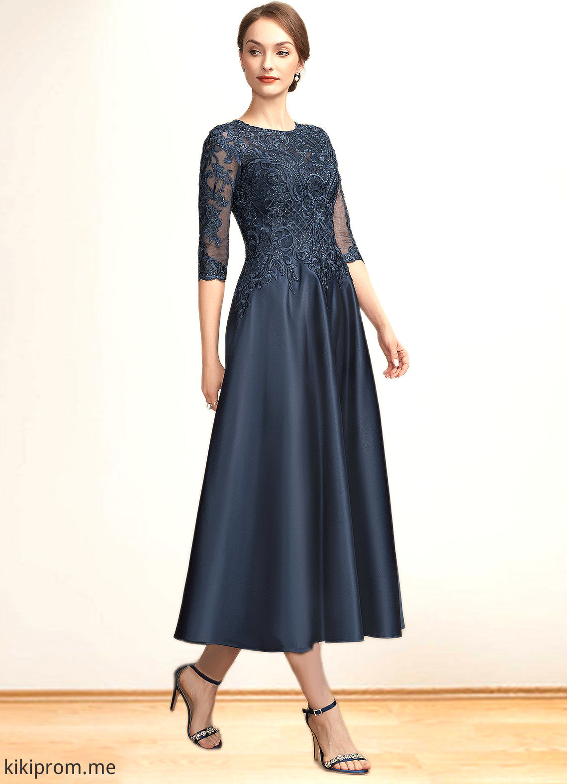 Luna A-Line Scoop Neck Tea-Length Satin Lace Mother of the Bride Dress With Sequins STF126P0014736