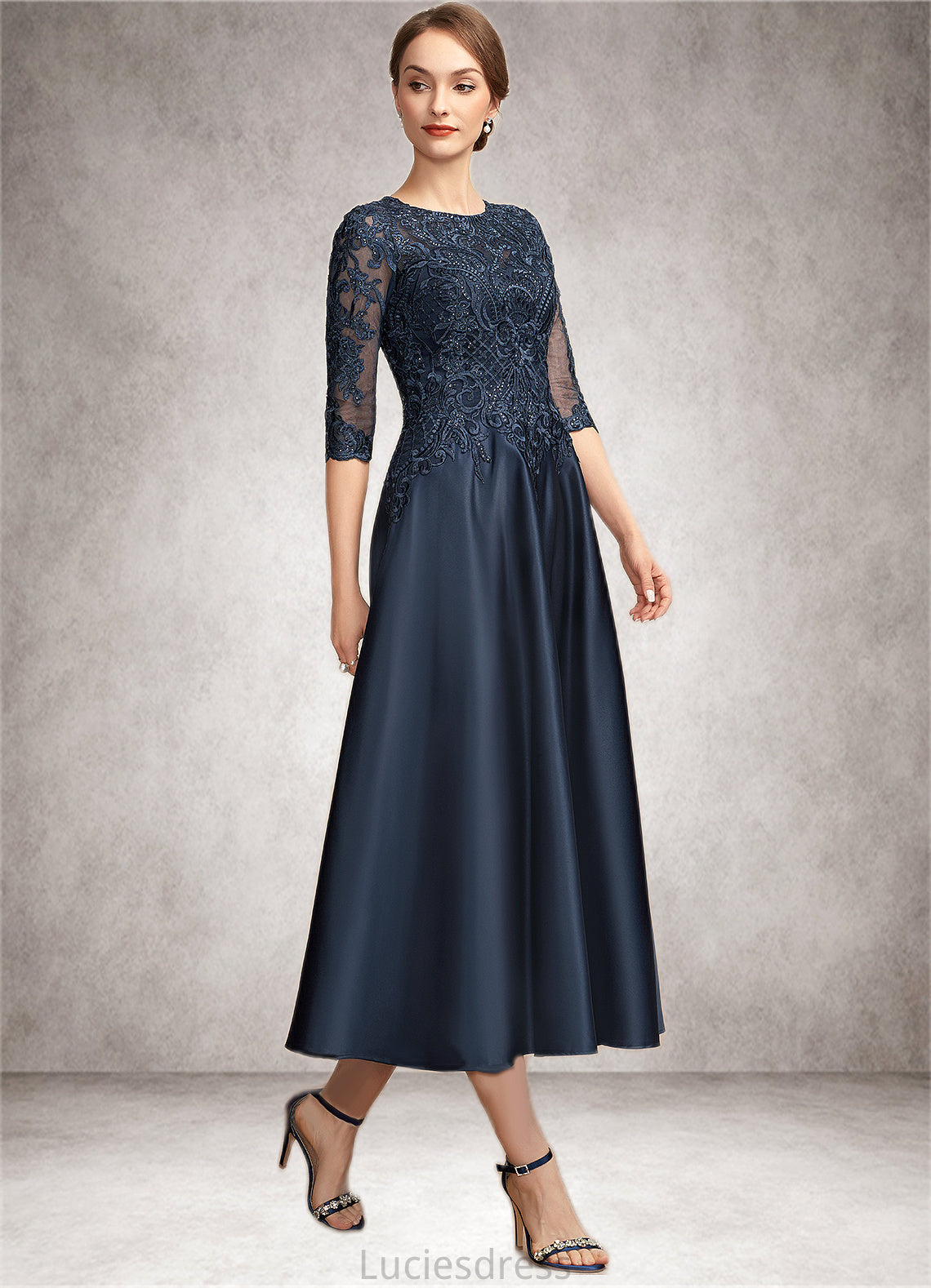 Areli A-Line Scoop Neck Tea-Length Satin Lace Mother of the Bride Dress With Sequins HF126P0014736