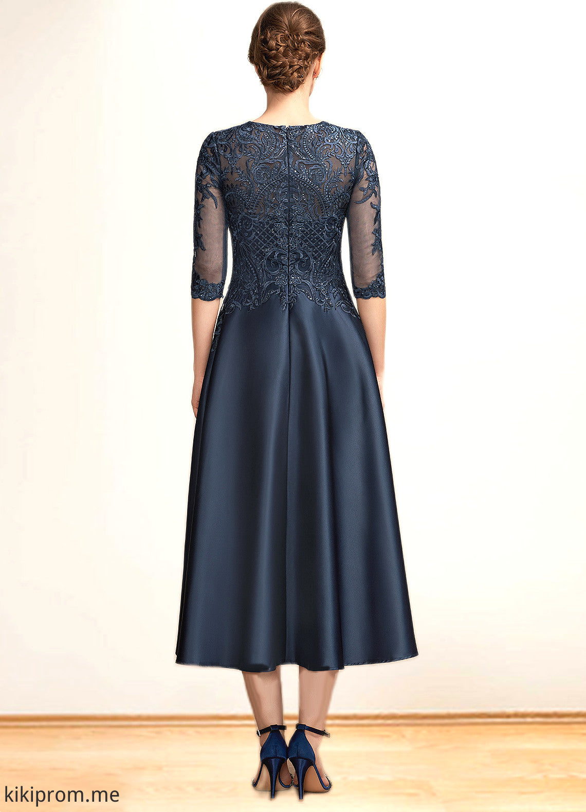 Luna A-Line Scoop Neck Tea-Length Satin Lace Mother of the Bride Dress With Sequins STF126P0014736