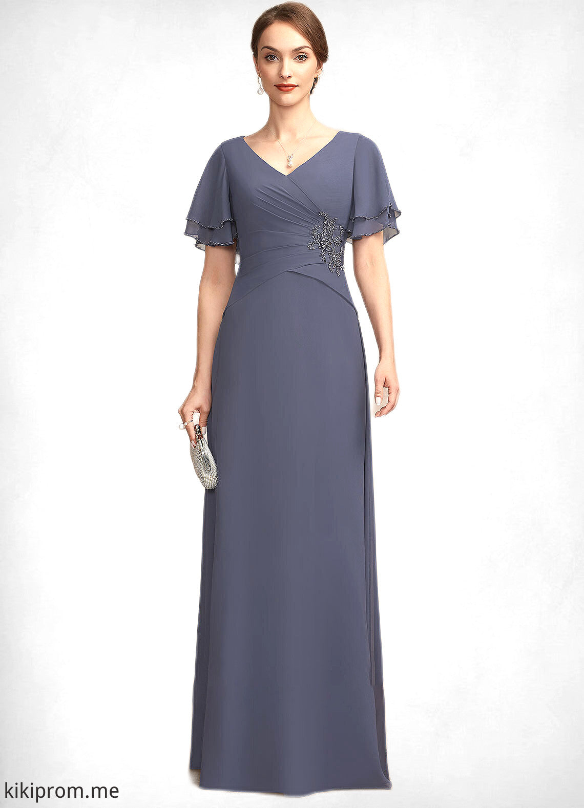 Martina A-Line V-neck Floor-Length Chiffon Mother of the Bride Dress With Ruffle Beading STF126P0014737