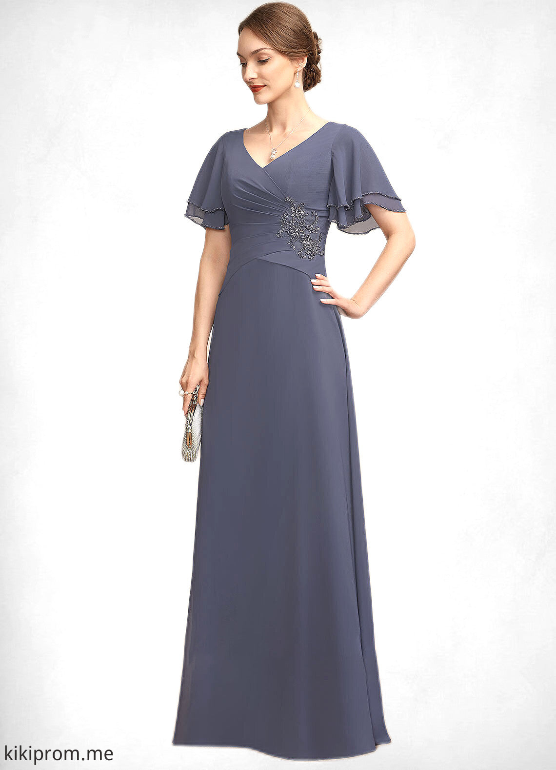 Martina A-Line V-neck Floor-Length Chiffon Mother of the Bride Dress With Ruffle Beading STF126P0014737