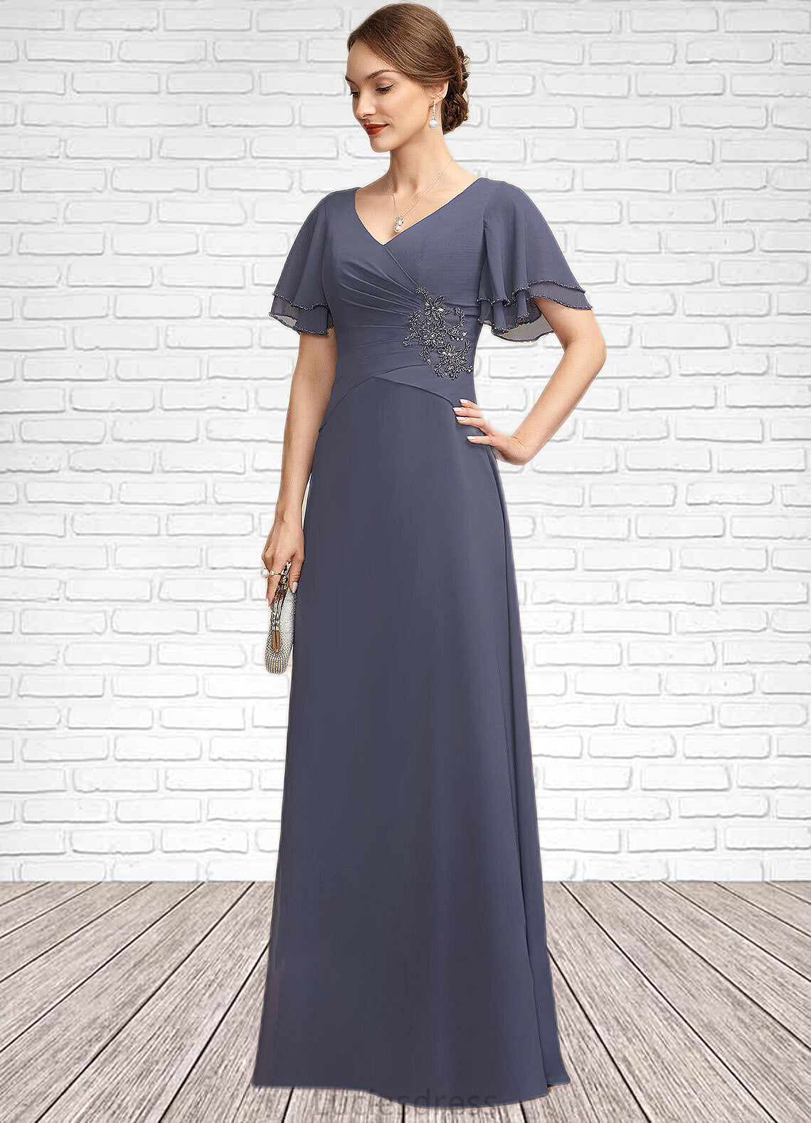 Alyson A-Line V-neck Floor-Length Chiffon Mother of the Bride Dress With Ruffle Beading HF126P0014737