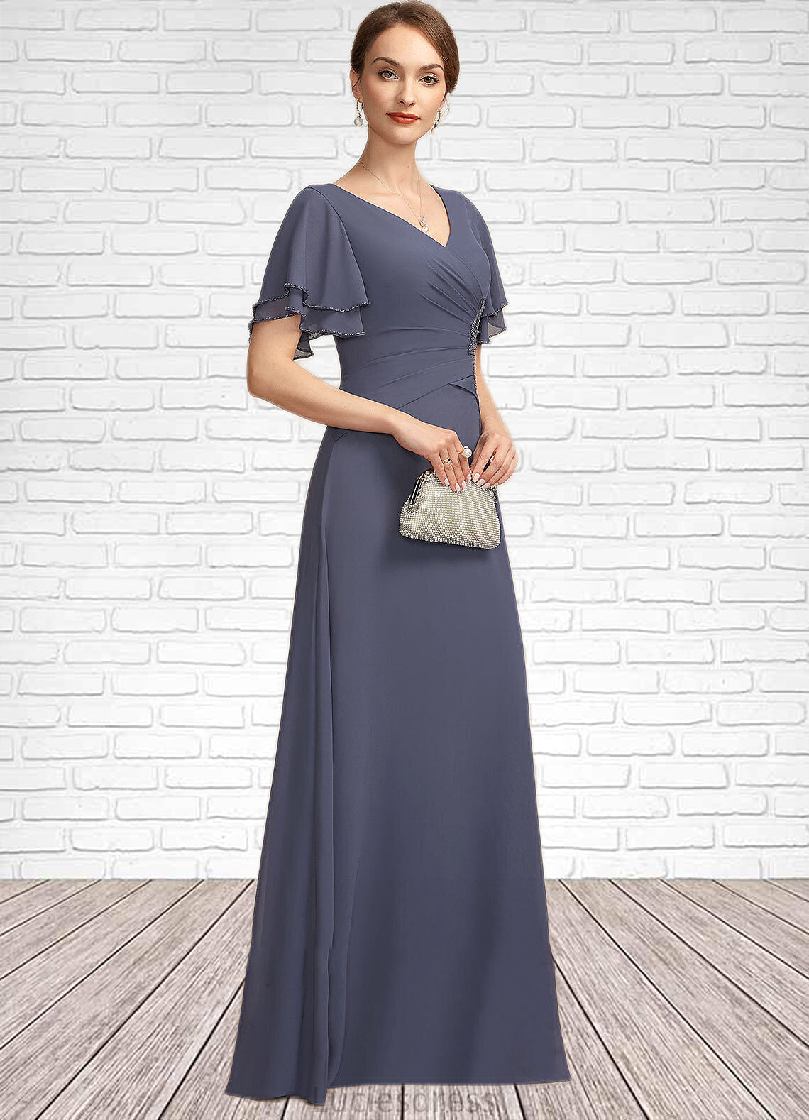 Alyson A-Line V-neck Floor-Length Chiffon Mother of the Bride Dress With Ruffle Beading HF126P0014737