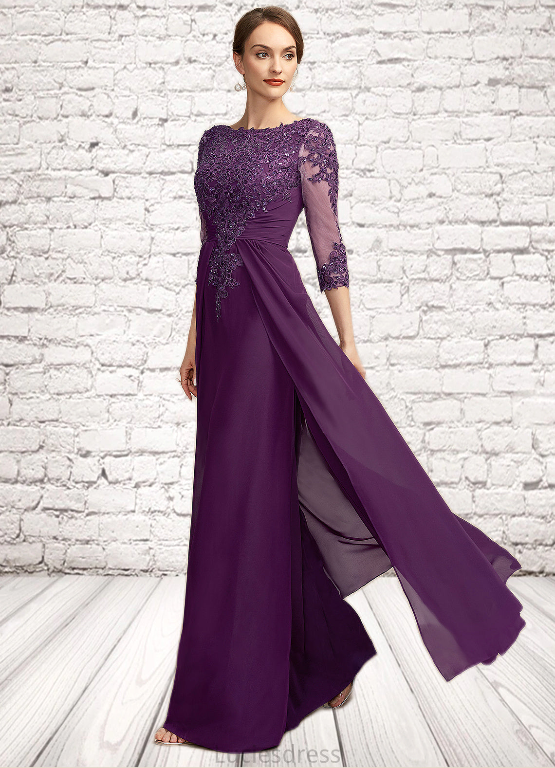 Audrey A-Line Scoop Neck Floor-Length Chiffon Lace Mother of the Bride Dress With Beading Sequins HF126P0014738