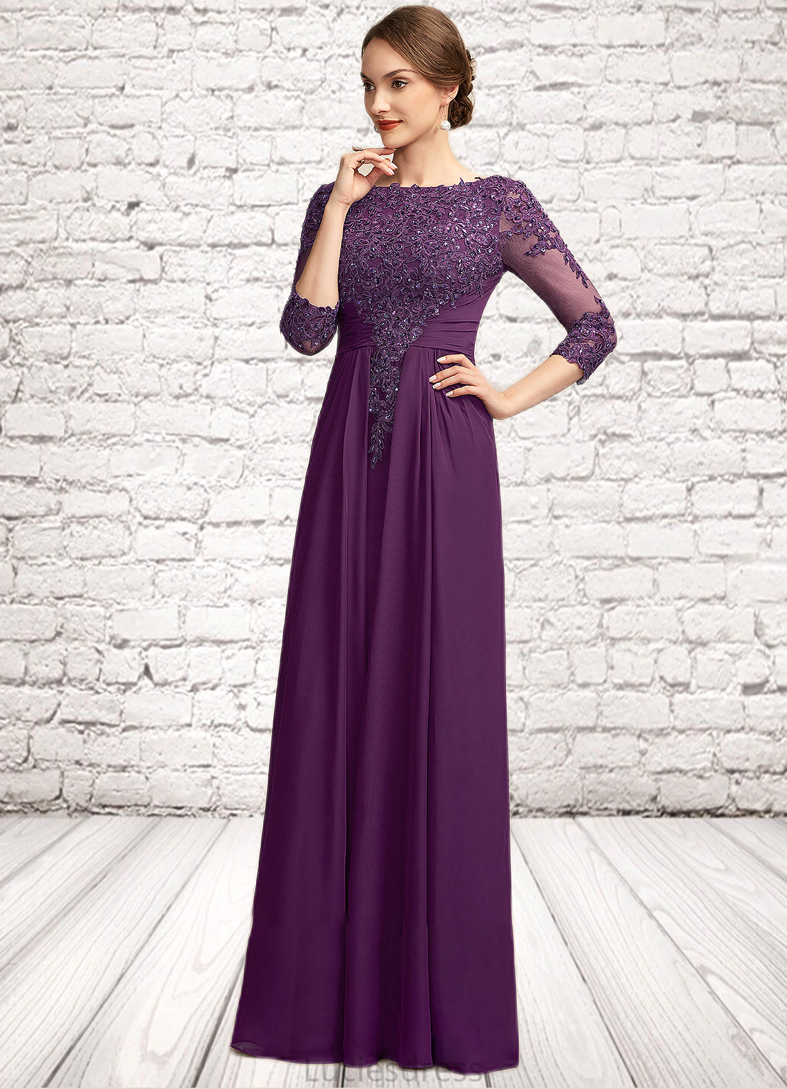 Audrey A-Line Scoop Neck Floor-Length Chiffon Lace Mother of the Bride Dress With Beading Sequins HF126P0014738