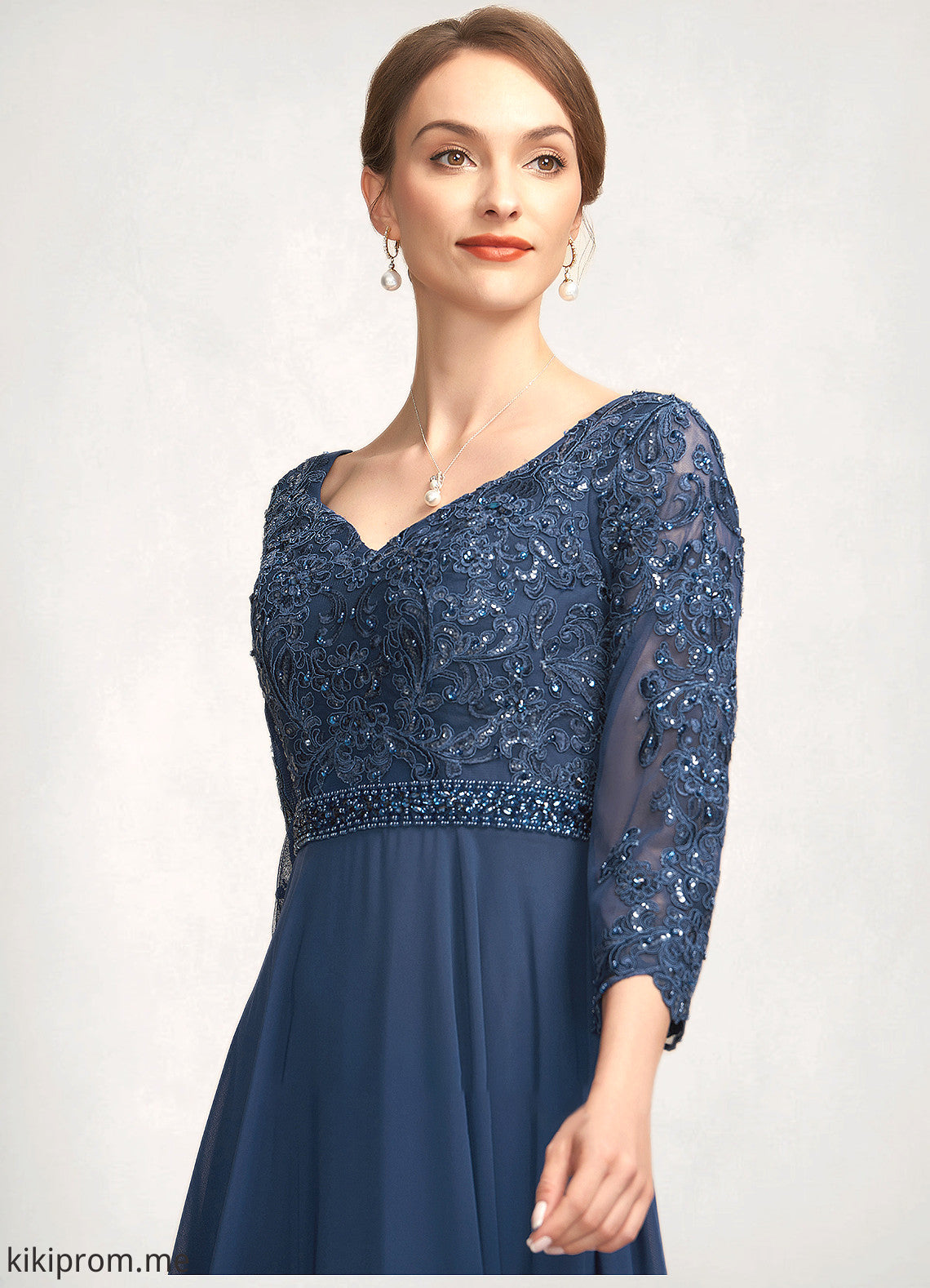 Emilia A-Line V-neck Floor-Length Chiffon Lace Mother of the Bride Dress With Beading Sequins STF126P0014739