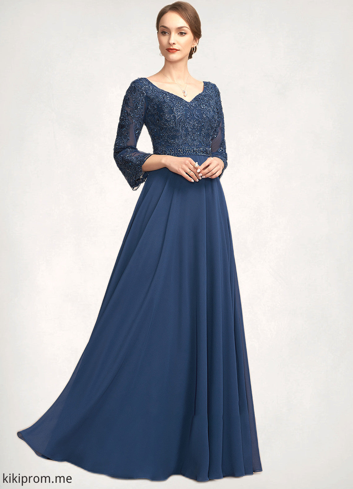 Emilia A-Line V-neck Floor-Length Chiffon Lace Mother of the Bride Dress With Beading Sequins STF126P0014739