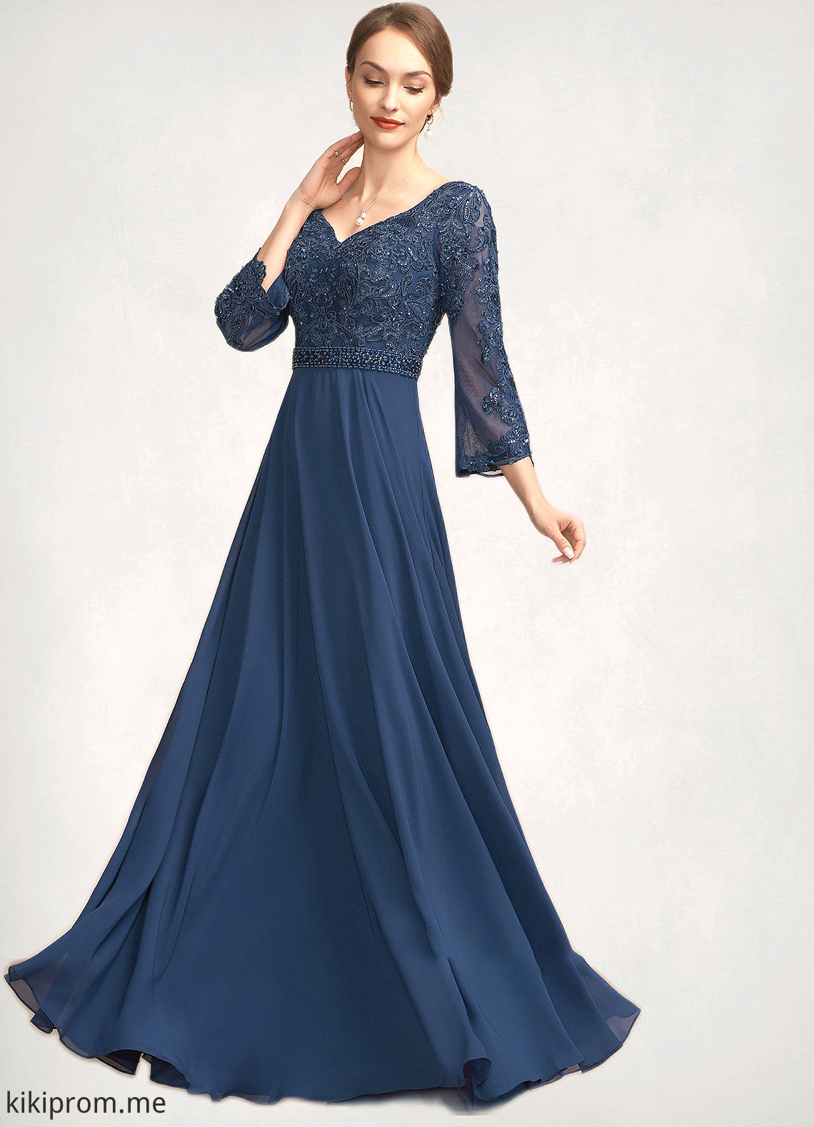 Emilia A-Line V-neck Floor-Length Chiffon Lace Mother of the Bride Dress With Beading Sequins STF126P0014739