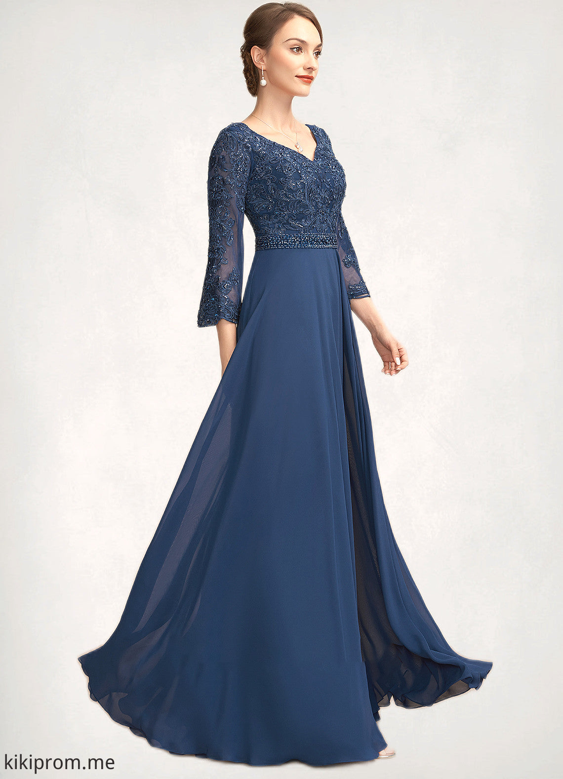 Emilia A-Line V-neck Floor-Length Chiffon Lace Mother of the Bride Dress With Beading Sequins STF126P0014739