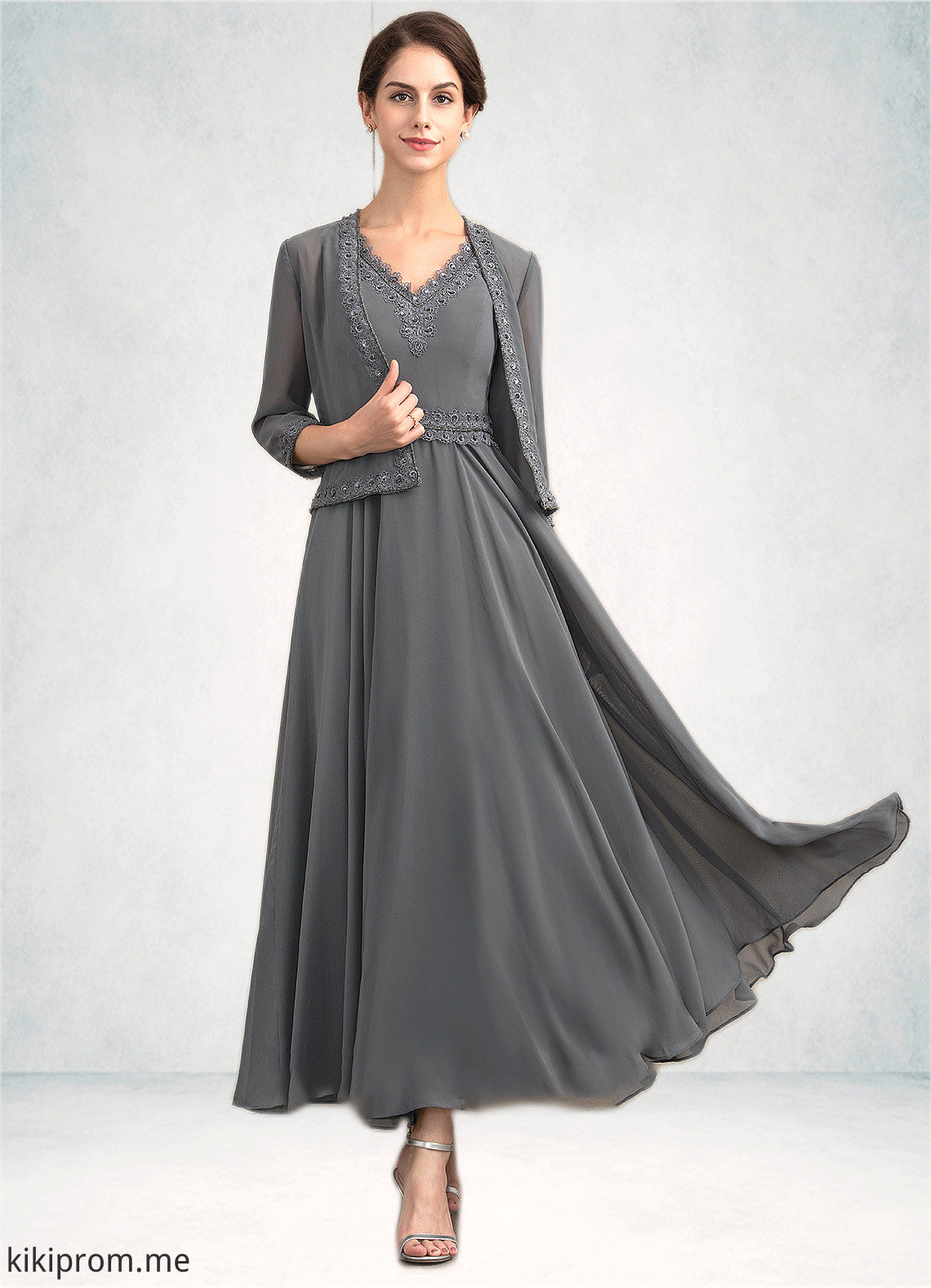 Cailyn A-Line V-neck Ankle-Length Chiffon Mother of the Bride Dress With Beading Sequins STF126P0014740