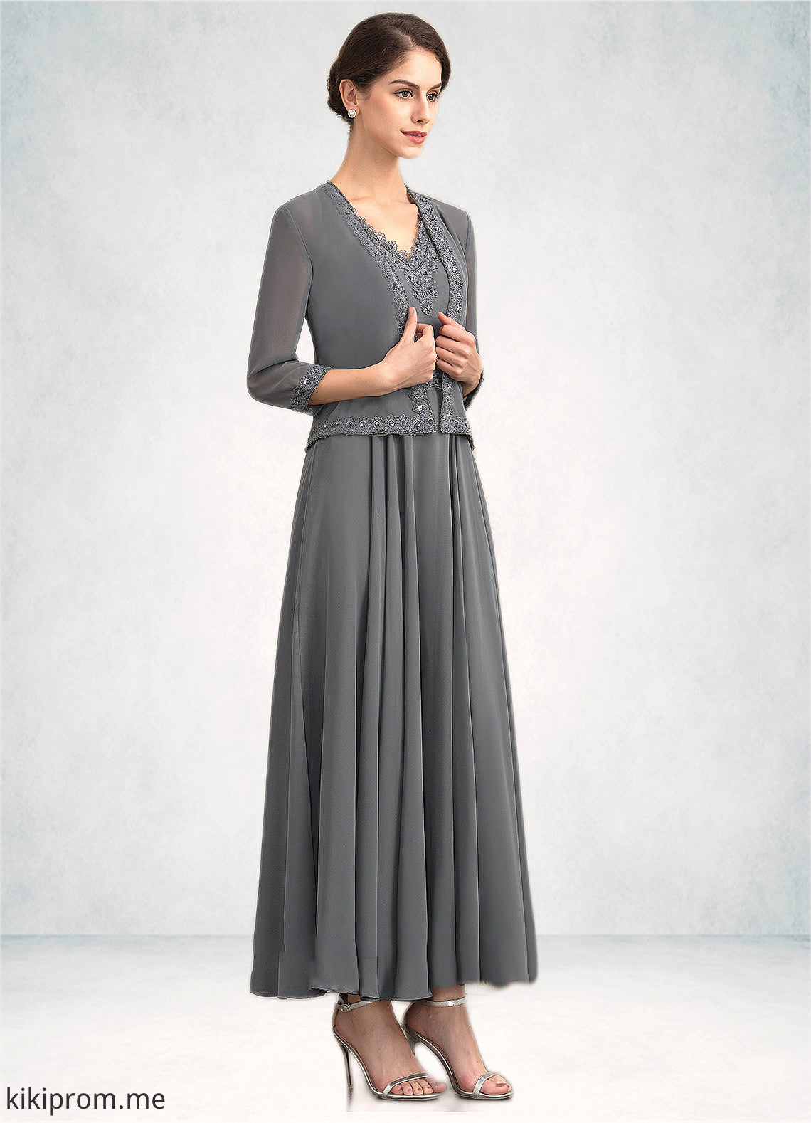 Cailyn A-Line V-neck Ankle-Length Chiffon Mother of the Bride Dress With Beading Sequins STF126P0014740