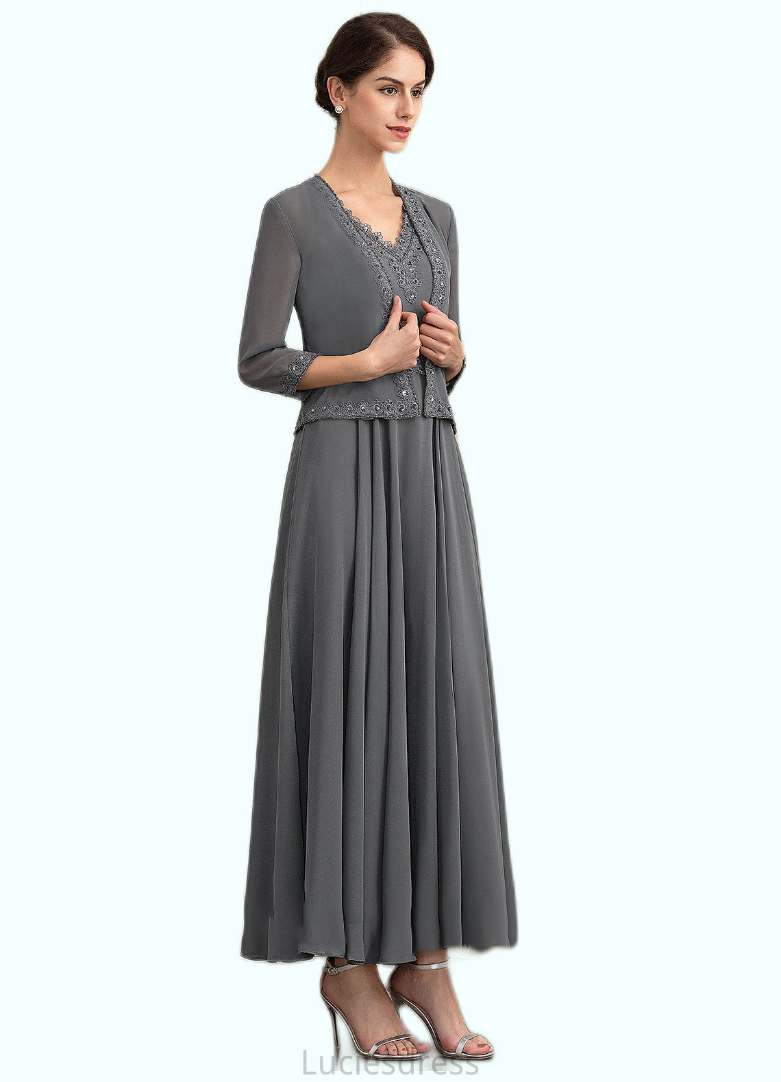 Jacquelyn A-Line V-neck Ankle-Length Chiffon Mother of the Bride Dress With Beading Sequins HF126P0014740