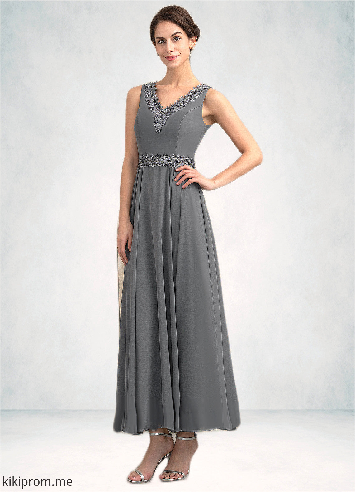 Cailyn A-Line V-neck Ankle-Length Chiffon Mother of the Bride Dress With Beading Sequins STF126P0014740