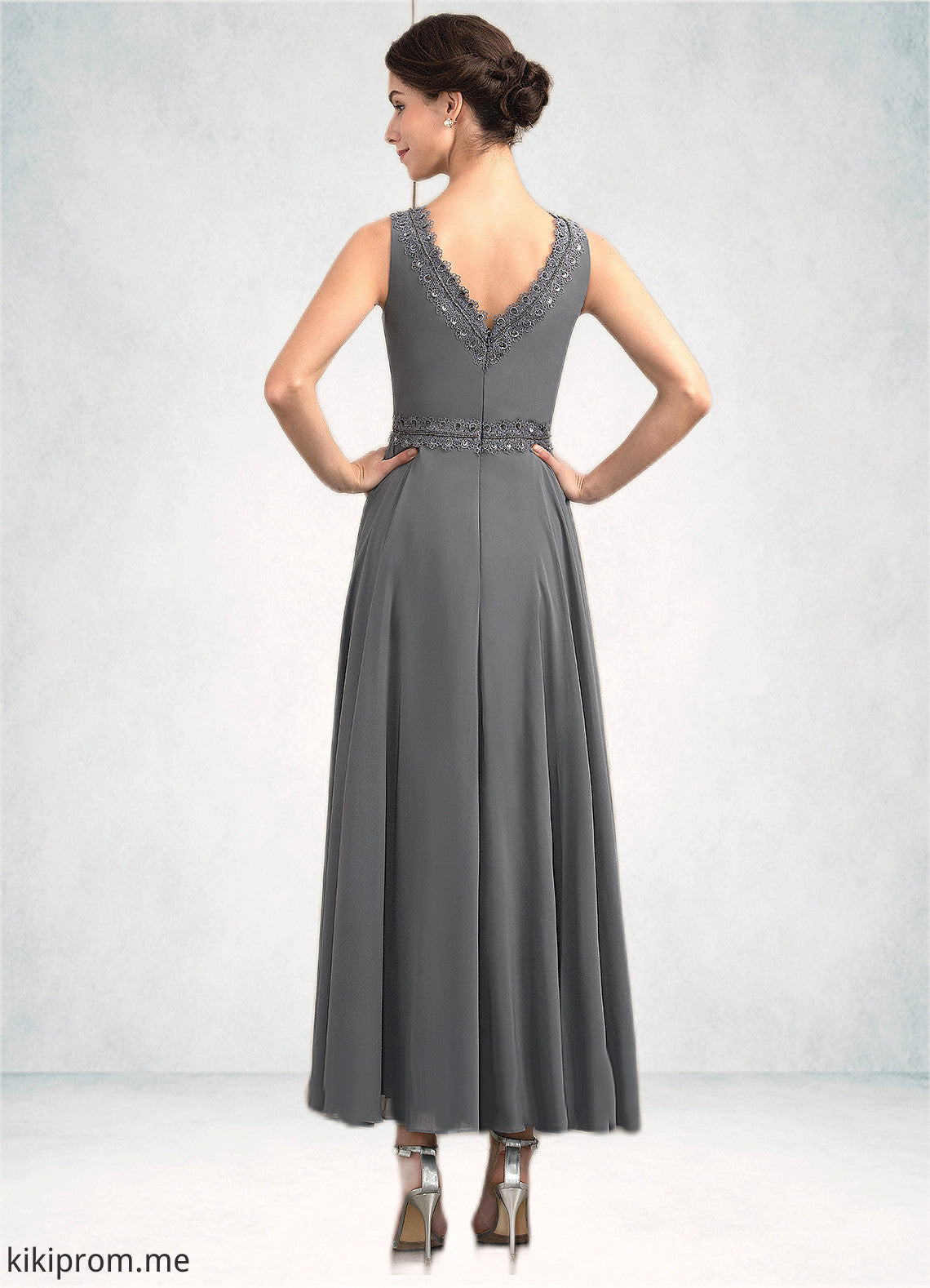 Cailyn A-Line V-neck Ankle-Length Chiffon Mother of the Bride Dress With Beading Sequins STF126P0014740