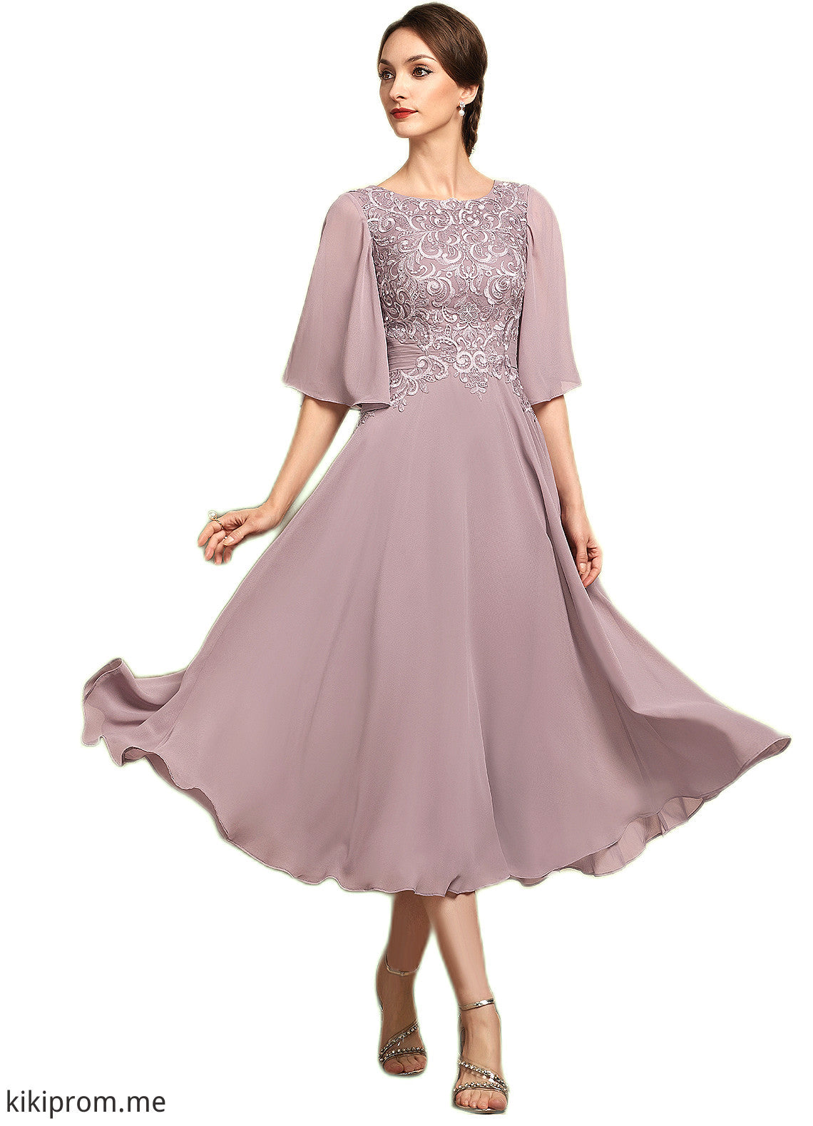 Valery A-Line Scoop Neck Tea-Length Chiffon Lace Mother of the Bride Dress STF126P0014743