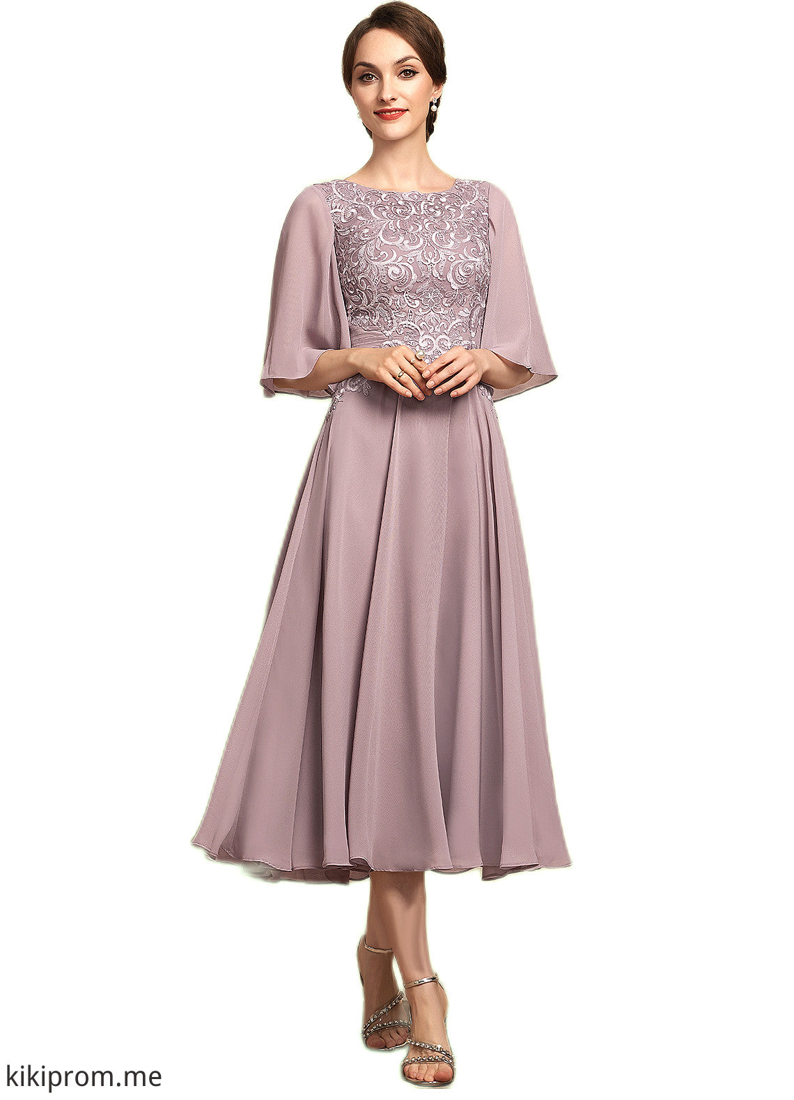 Valery A-Line Scoop Neck Tea-Length Chiffon Lace Mother of the Bride Dress STF126P0014743