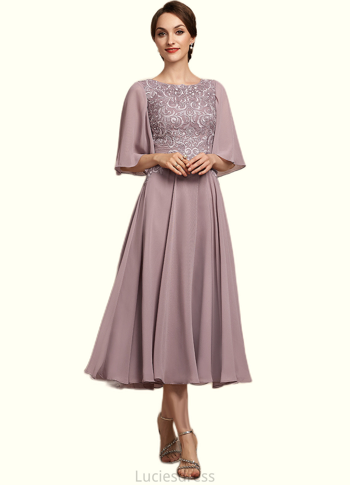 Seraphina A-Line Scoop Neck Tea-Length Chiffon Lace Mother of the Bride Dress HF126P0014743