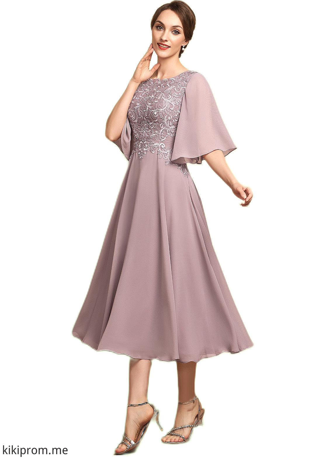 Valery A-Line Scoop Neck Tea-Length Chiffon Lace Mother of the Bride Dress STF126P0014743