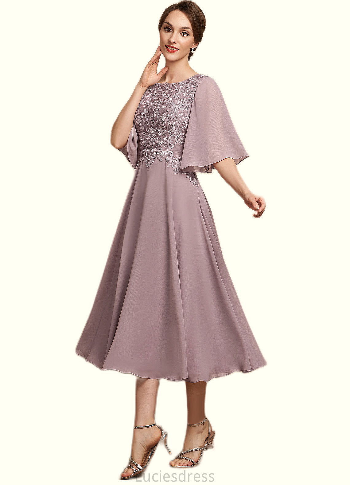 Seraphina A-Line Scoop Neck Tea-Length Chiffon Lace Mother of the Bride Dress HF126P0014743