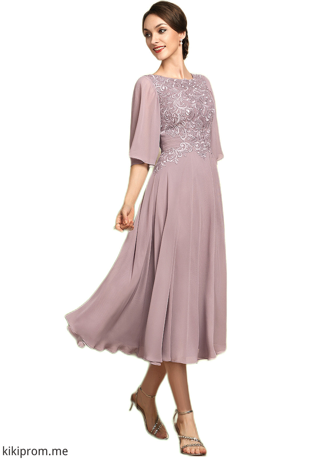 Valery A-Line Scoop Neck Tea-Length Chiffon Lace Mother of the Bride Dress STF126P0014743