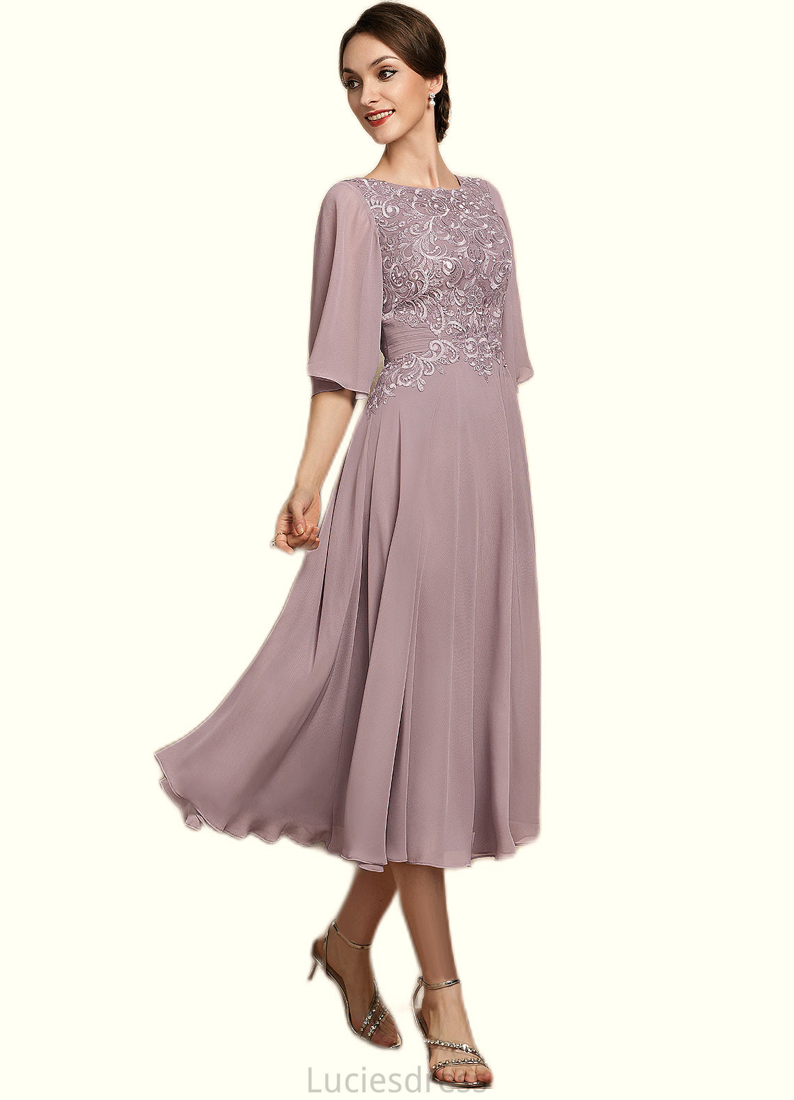 Seraphina A-Line Scoop Neck Tea-Length Chiffon Lace Mother of the Bride Dress HF126P0014743