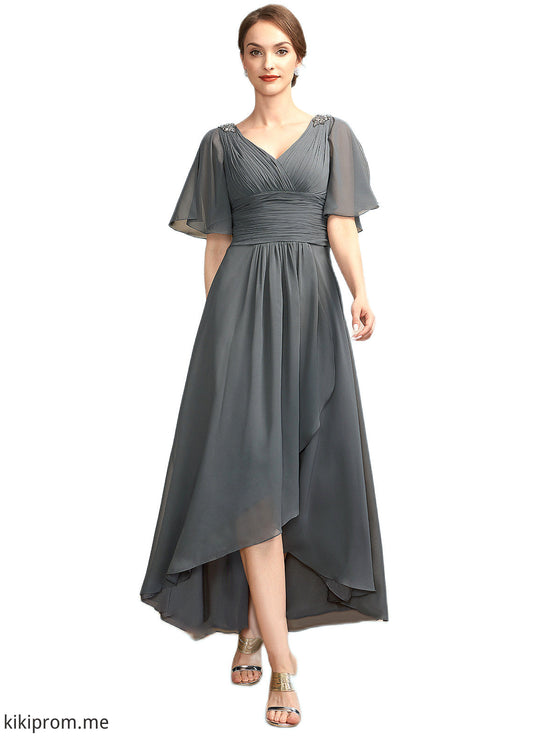 Aurora A-Line V-neck Asymmetrical Chiffon Mother of the Bride Dress With Ruffle Beading STF126P0014744