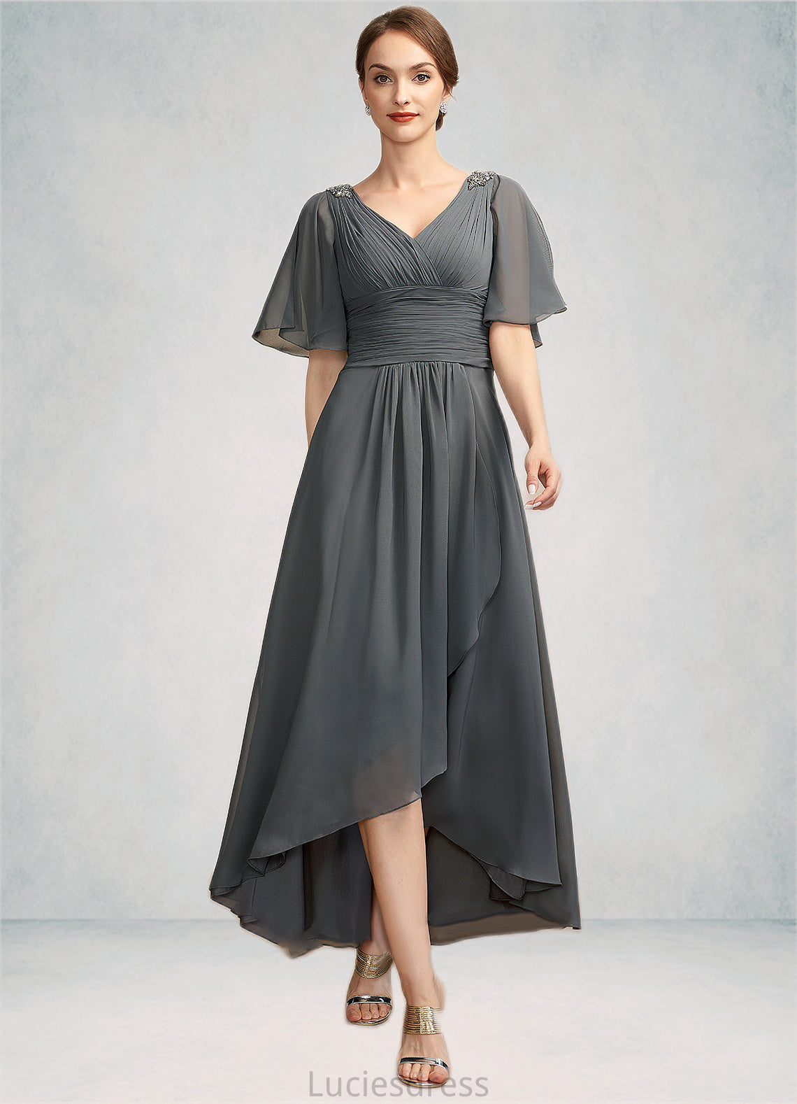 Charlie A-Line V-neck Asymmetrical Chiffon Mother of the Bride Dress With Ruffle Beading HF126P0014744