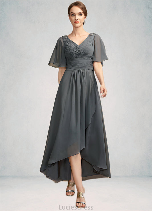 Charlie A-Line V-neck Asymmetrical Chiffon Mother of the Bride Dress With Ruffle Beading HF126P0014744