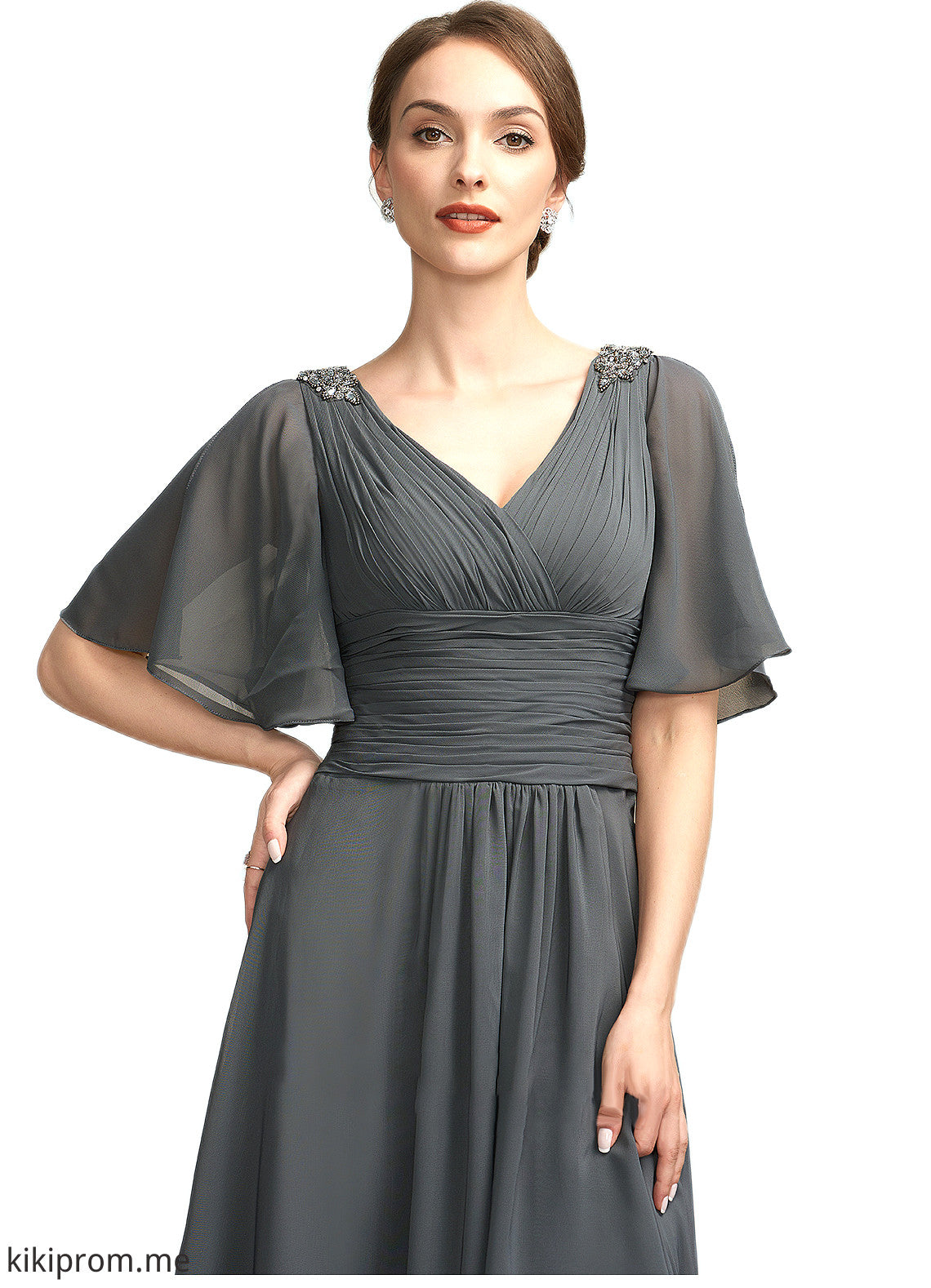 Aurora A-Line V-neck Asymmetrical Chiffon Mother of the Bride Dress With Ruffle Beading STF126P0014744