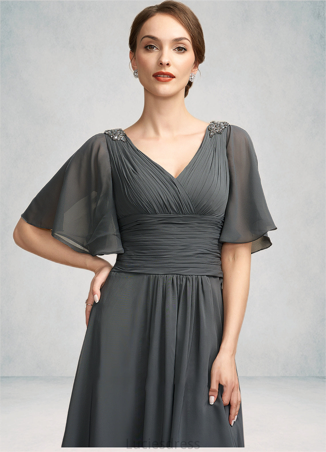 Charlie A-Line V-neck Asymmetrical Chiffon Mother of the Bride Dress With Ruffle Beading HF126P0014744