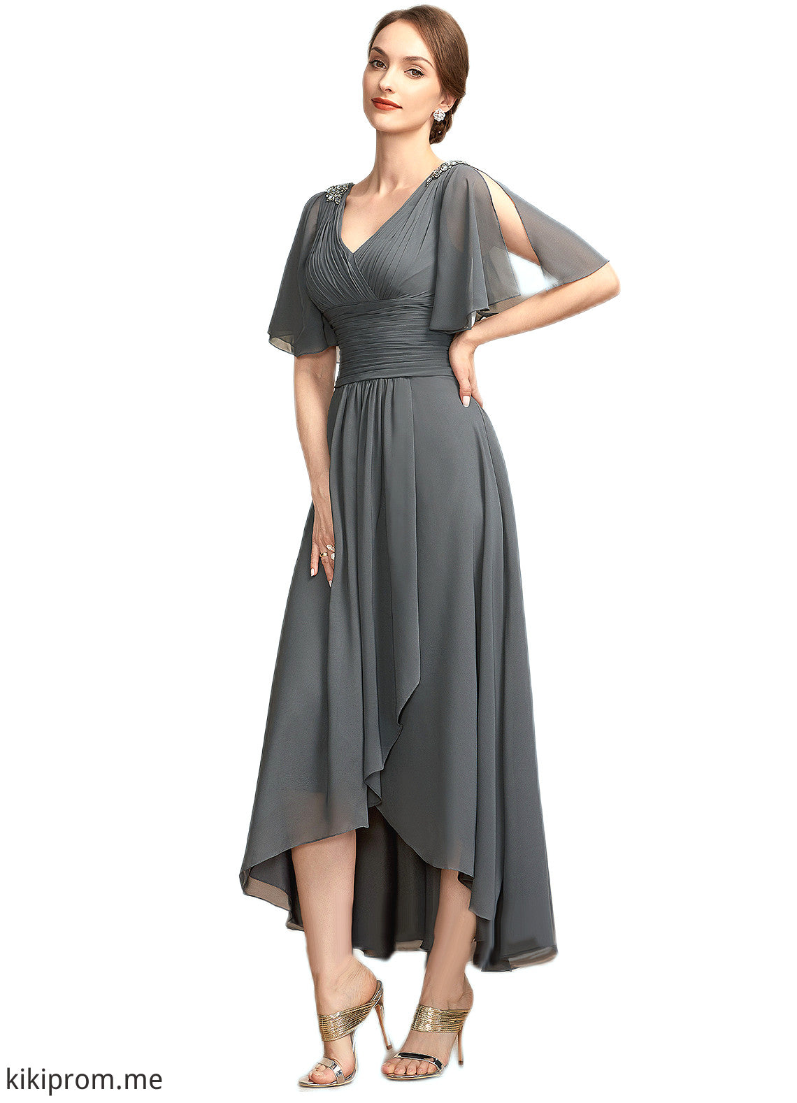 Aurora A-Line V-neck Asymmetrical Chiffon Mother of the Bride Dress With Ruffle Beading STF126P0014744