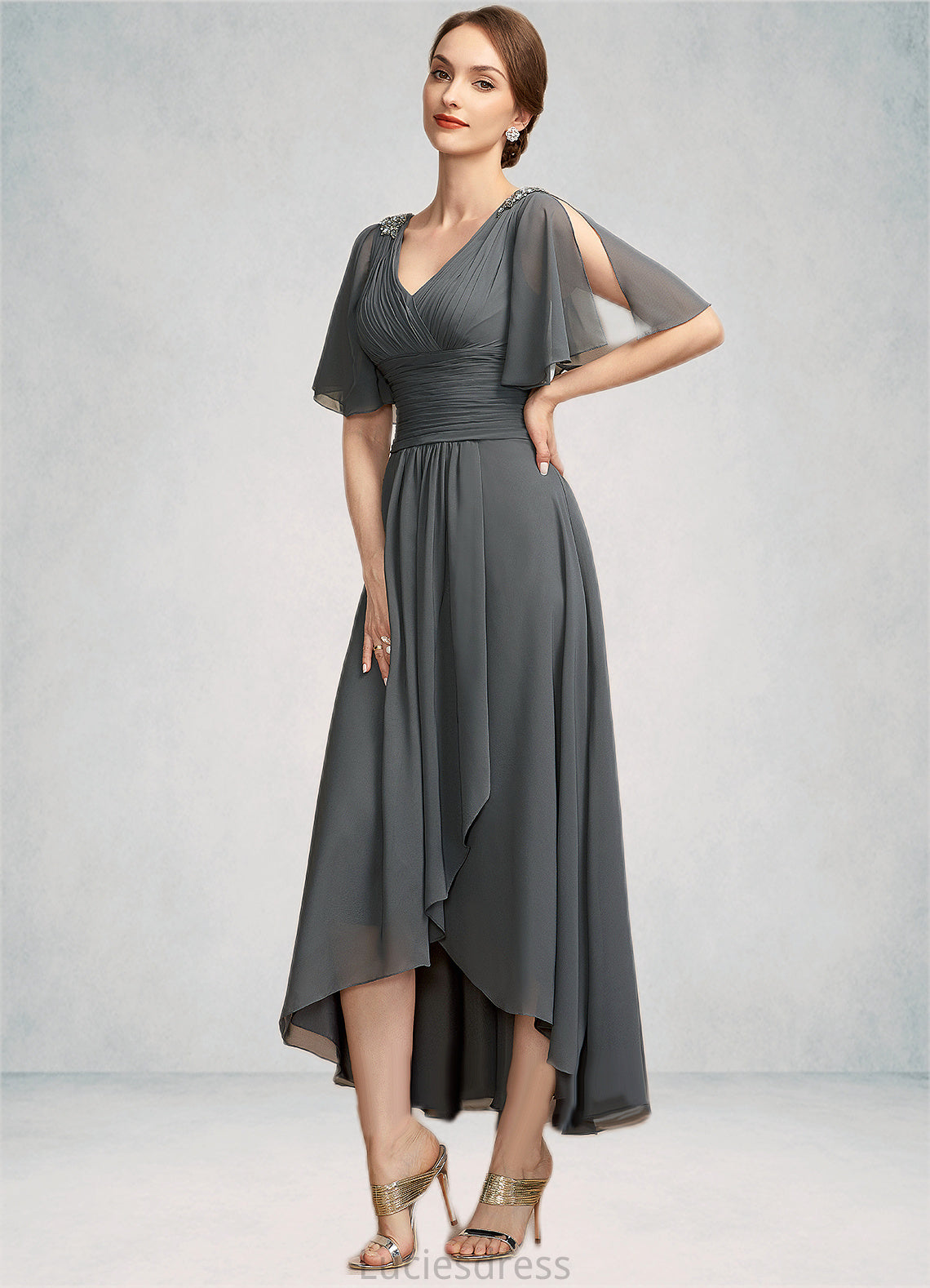 Charlie A-Line V-neck Asymmetrical Chiffon Mother of the Bride Dress With Ruffle Beading HF126P0014744